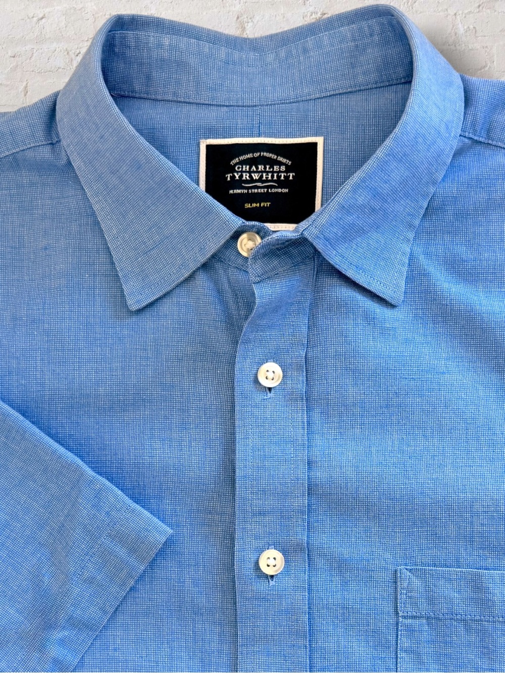 Charles Tyrwhitt Slim Fit Cotton Linen Short Sleeve Shirt Men's Large Blue